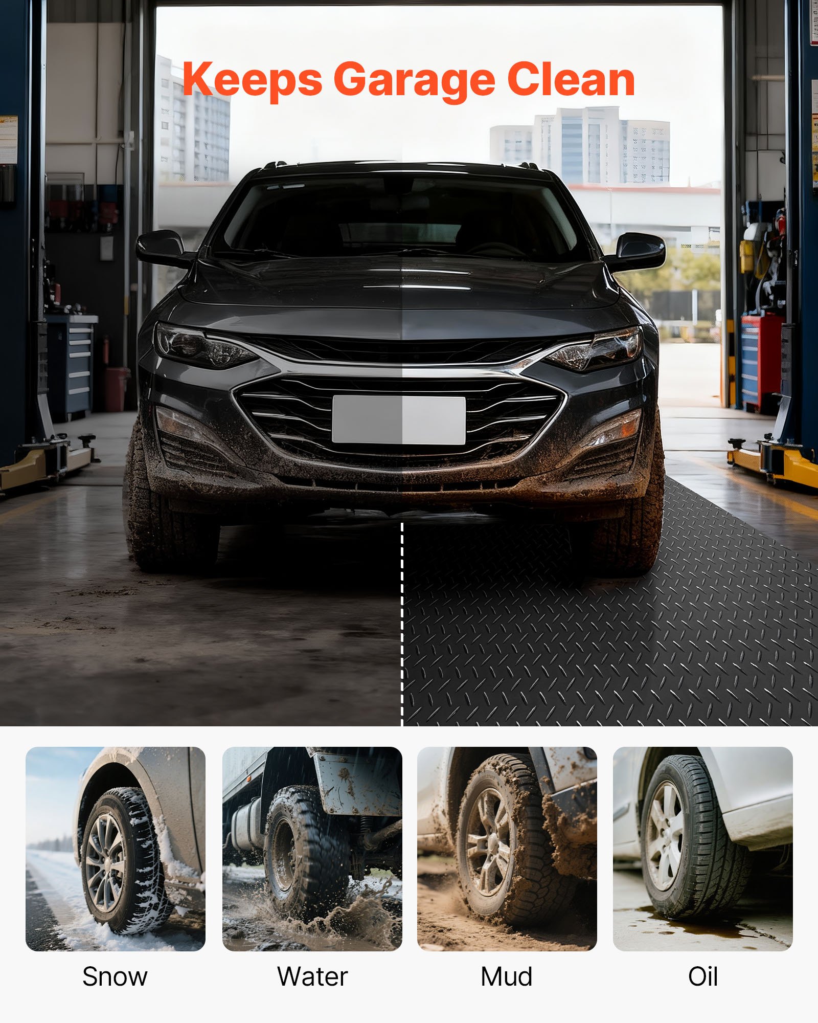 VEVOR Garage Floor Roll, 1.2 x 2.13 m Garage Flooring Mat, 2.2 mm Thickened PVC Diamond Plate Floor Protector Mat with Double-sided Tape, Non-Slip, Easy to Clean for Warehouse, Gyms, Trailer, Black