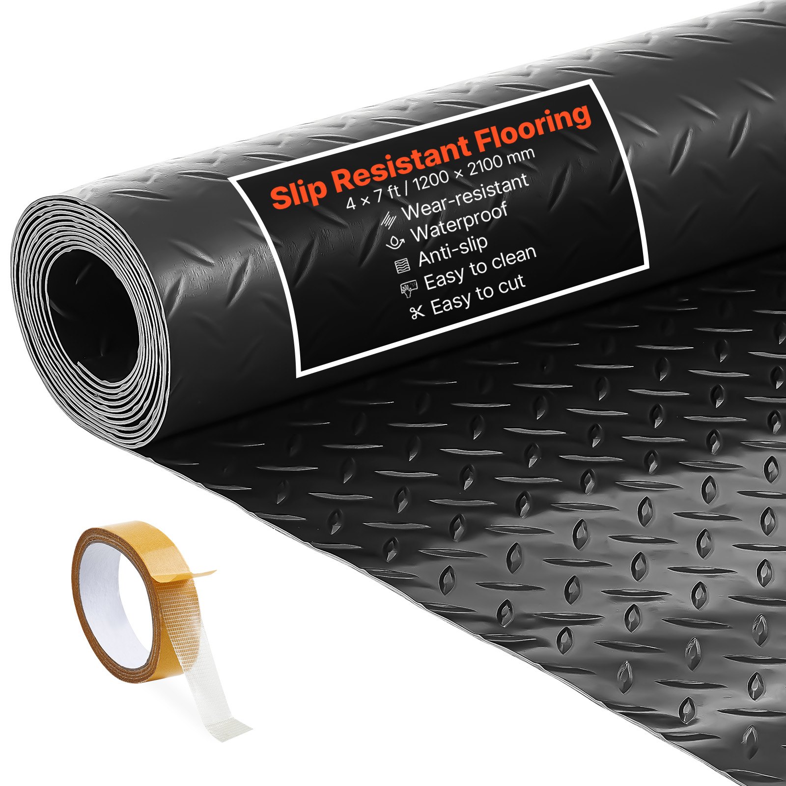VEVOR Garage Floor Roll, 1.2 x 2.13 m Garage Flooring Mat, 2.2 mm Thickened PVC Diamond Plate Floor Protector Mat with Double-sided Tape, Non-Slip, Easy to Clean for Warehouse, Gyms, Trailer, Black