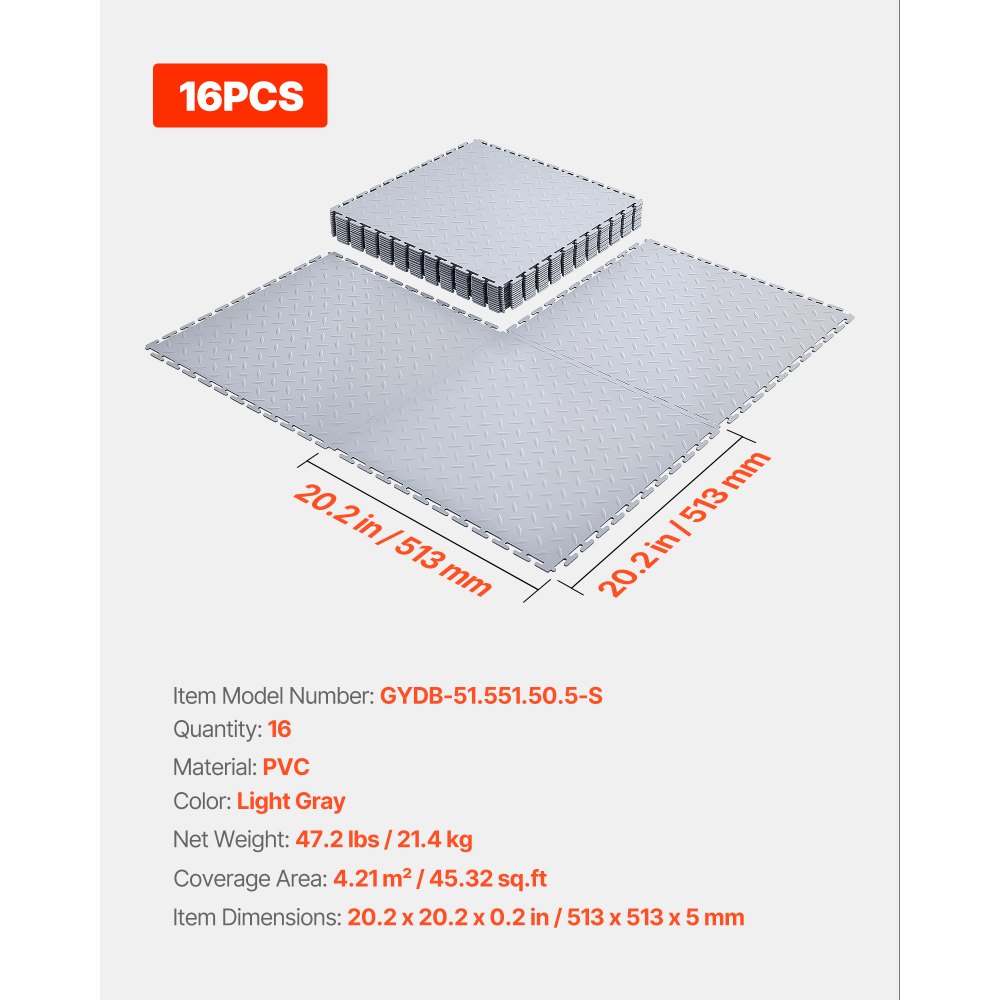 VEVOR Garage Floor Tiles Interlocking, 16 Pack 20.2 x 20.2 x 0.2 in Interlocking Modular Garage Flooring Tiles, Diamond Plate Slip-Resistant PVC Mats for Workshop,Warehouse,Tool Room, Light Gray