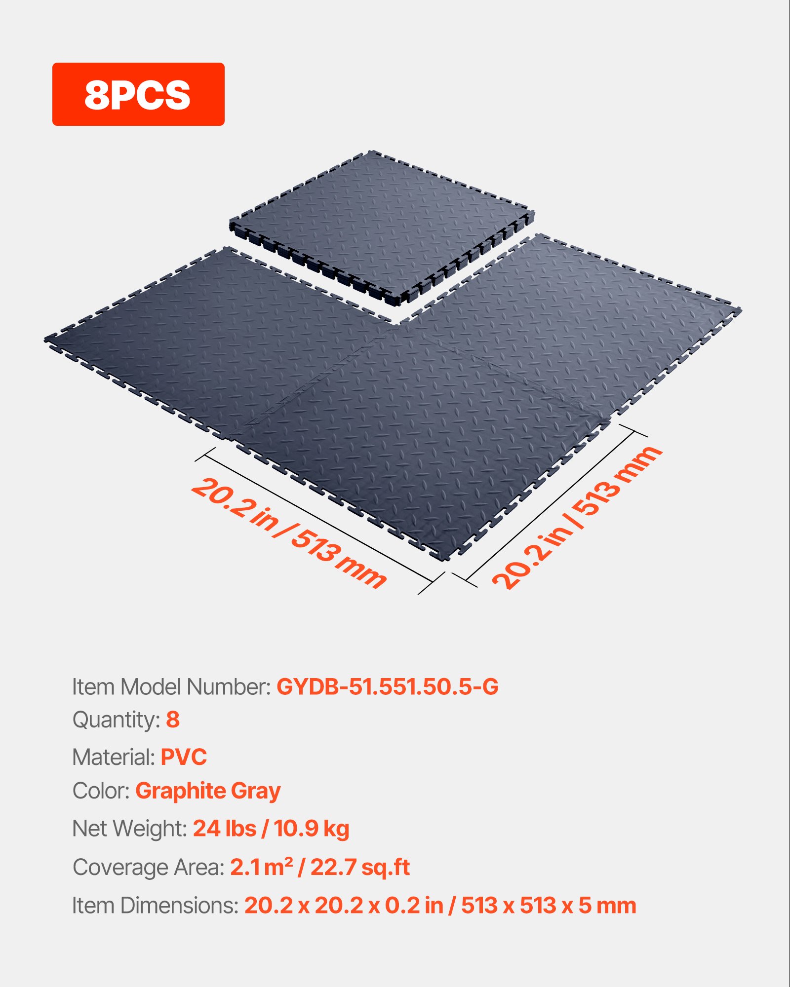 VEVOR Garage Floor Tiles Interlocking, 8 Pack 20.2 x 20.2 x 0.2 in Interlocking Modular Garage Flooring Tiles, Diamond Plate Slip-Resistant PVC Mats for Workshop,Warehouse,Tool Room, Graphite Gray