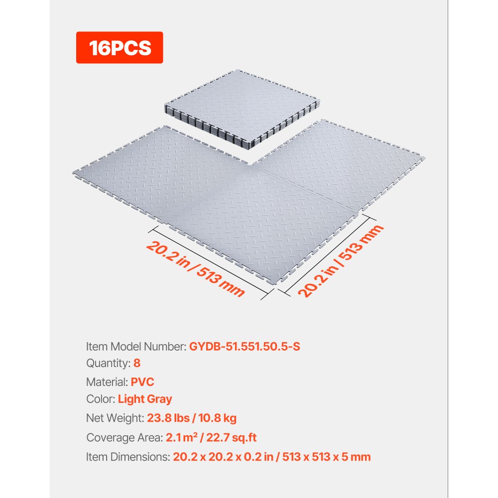 VEVOR Garage Floor Tiles Interlocking, 8 Pack 513 x 513 x 5 mm Interlocking Modular Garage Flooring Tiles, Diamond Plate Slip-Resistant PVC Mats for Workshop,Warehouse,Tool Room, Silver