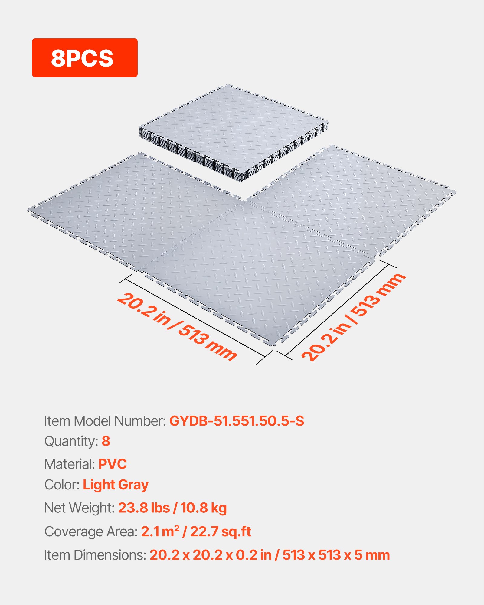 VEVOR Garage Floor Tiles Interlocking, 8 Pack 20.2 x 20.2 x 0.2 in Interlocking Modular Garage Flooring Tiles, Diamond Plate Slip-Resistant PVC Mats for Workshop,Warehouse,Tool Room, Silver