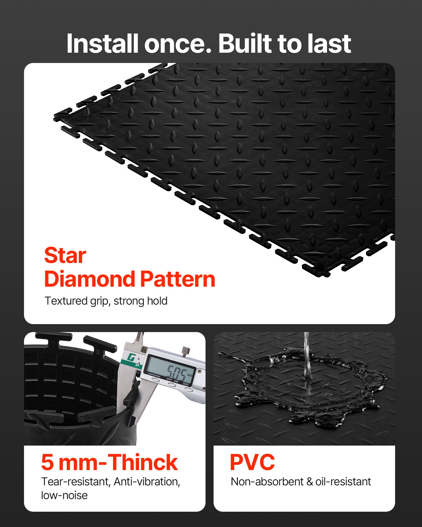VEVOR Garage Floor Tiles Interlocking, 8 Pack 513 x 513 x 5 mm Interlocking Modular Garage Flooring Tiles, Diamond Plate Slip-Resistant PVC Mats for Workshop,Warehouse,Tool Room, Black