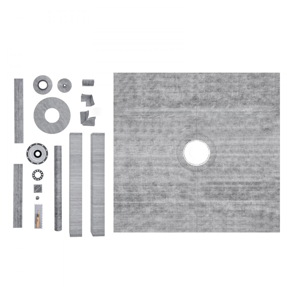 VEVOR Shower Curb Kit, 1828x1828mm Shower Pan Kit with 50.8mm PVC Central Flange, 101.6mm Stainless Steel Grate, Waterproof Shower Curb & Membrane & Strip, Shower Pan Slope Sticks Fit for Bathroom