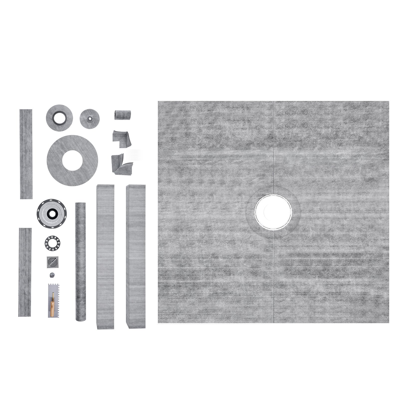 VEVOR Shower Curb Kit, 1828x1828mm Shower Pan Kit with 50.8mm PVC Central Flange, 101.6mm Stainless Steel Grate, Waterproof Shower Curb & Membrane & Strip, Shower Pan Slope Sticks Fit for Bathroom