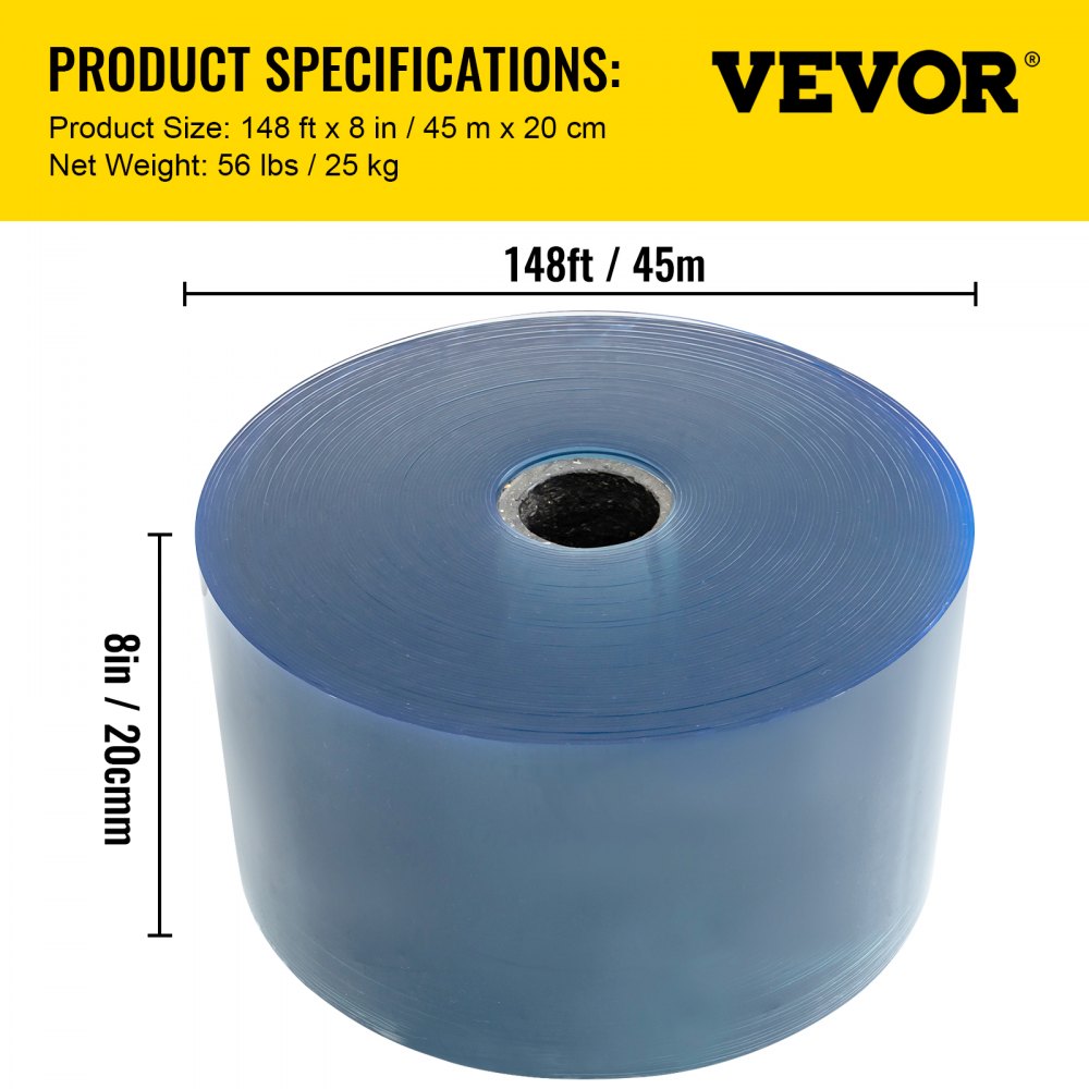 VEVOR PVC Door Curtain 148 Feet Length X 7.8 Inches Width 1 Roll Plastic Curtain Strips 0.08 Inch Thickness Clear Anti Scratch Curtain Strip for Freezer Doors Warehouse