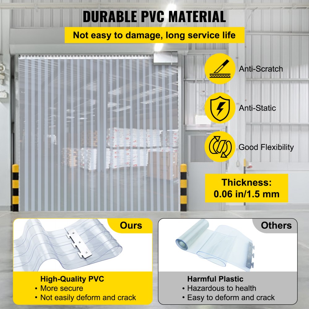 VEVOR Tiras de cortina de plástico, 148 pies de largo, 7,8 pulgadas de ancho, 0,06 pulgadas de espesor, cortina de puerta de PVC, tira de cortina transparente antiarañazos para puertas de congelador, puertas de almacén