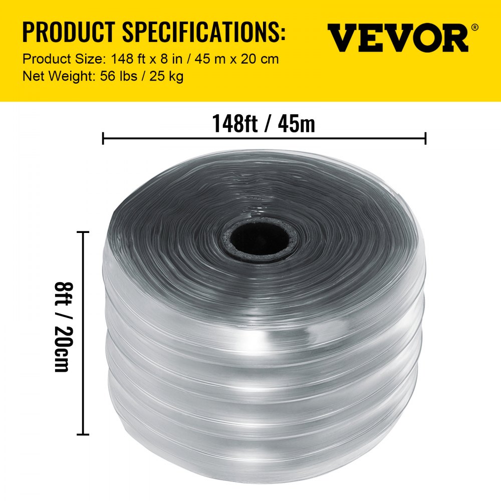 VEVOR Tiras de cortina de plástico, 148 pies de largo, 7,8 pulgadas de ancho, 0,06 pulgadas de espesor, cortina de puerta de PVC, tira de cortina transparente antiarañazos para puertas de congelador, puertas de almacén