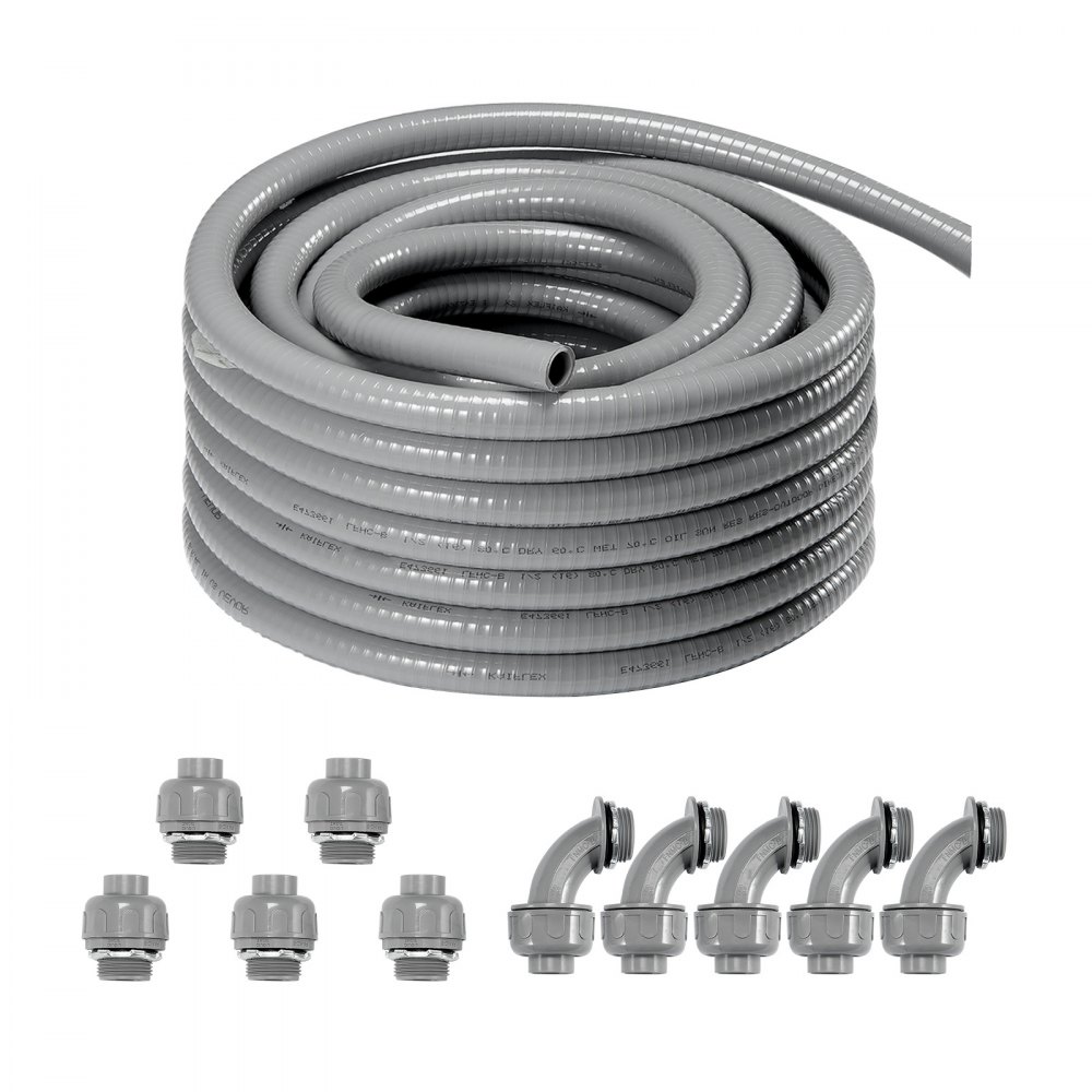 gray roll of VEVOR flexible electrical conduit with connectors and elbow fittings arranged below.