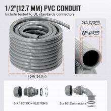 VEVOR 1/2-Inch Flexible Electrical Conduit, 100 ft, PVC Liquid-Tight Conduit Non-Metallic with 5 Straight and 5 90-Degree Conduit Connector Fittings, for Air Conditioning Motor Controller Pump, IP65
