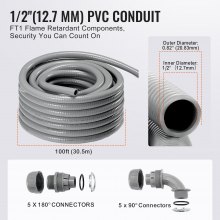 VEVOR 12.7 mm Flexible Electrical Conduit, 30.5 m, PVC Liquid-Tight Conduit Non-Metallic with 5 Straight and 5 90-Degree Conduit Connector Fittings, for Air Conditioning Motor Controller Pump, IP65