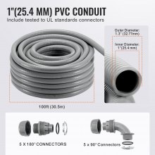VEVOR 25.4 mm Flexible Electrical Conduit, 30.5 m, PVC Liquid-Tight Conduit Non-Metallic with 5 Straight and 5 90-Degree Conduit Connector Fittings, for Air Conditioning Motor Controller Pump, IP65