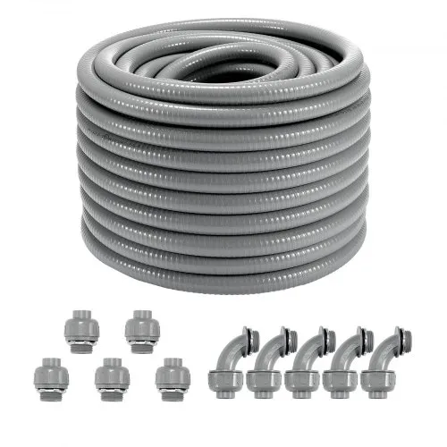 VEVOR 3/4-Inch Flexible Electrical Conduit, 100 ft, PVC Liquid-Tight Conduit Non-Metallic with 5 Straight and 5 90-Degree Conduit Connector Fittings, for Air Conditioning Motor Controller Pump, IP65