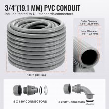 VEVOR 19.1 mm Flexible Electrical Conduit, 30.5 m, PVC Liquid-Tight Conduit Non-Metallic with 5 Straight and 5 90-Degree Conduit Connector Fittings, for Air Conditioning Motor Controller Pump, IP65
