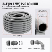 VEVOR 19.1 mm Flexible Electrical Conduit, 30.5 m, PVC Liquid-Tight Conduit Non-Metallic with 5 Straight and 5 90-Degree Conduit Connector Fittings, for Air Conditioning Motor Controller Pump, IP65