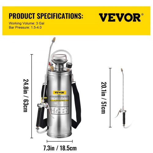 VEVOR 3Gal Stainless Steel Sprayer, Set with 20" Wand& Handle& 3FT Reinforced Hose, Hand Pump Sprayer with Pressure Gauge&Safety Valve, Adjustable Nozzle Suitable for Gardening and Sanitizing