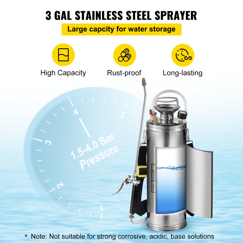 3 Gallon Stainless Steel Sprayer, 20" Wand & 3FT Reinforced Hose, Hand Pump Sprayer with Pressure Gauge, Safety Valve & Adjustable Nozzle, Garden Weed Sprayer for Lawn, Gardening & Sanitizing