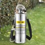 VEVOR stainless steel sprayer standing on a lush green lawn near a hedge.