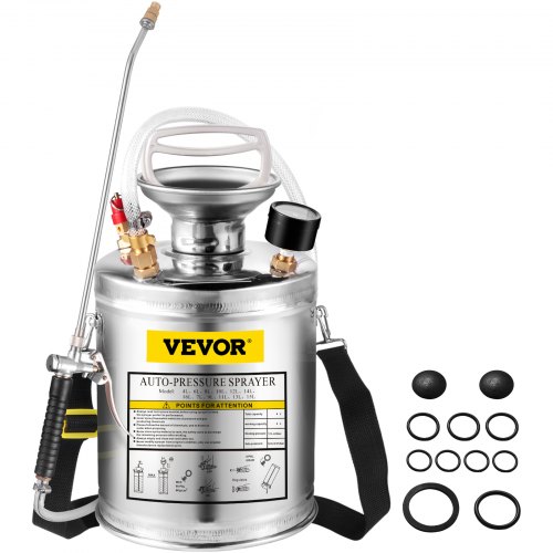 VEVOR 1Gal Stainless Steel, Set with 12" Wand& Handle& 3FT Reinforced Hose, Hand Pump Sprayer with Pressure Gauge&Safety Valve, Adjustable Nozzle Suitable for Gardening and Sanitizing, Silver