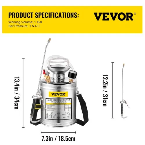 1 Gallon Stainless Steel Sprayer, 12" Wand & 3FT Reinforced Hose, Hand Pump  Sprayer with Pressure Gauge, Safety Valve & Adjustable Nozzle, Garden Weed  Sprayer for Lawn, Gardening, Sanitizing | VEVOR US