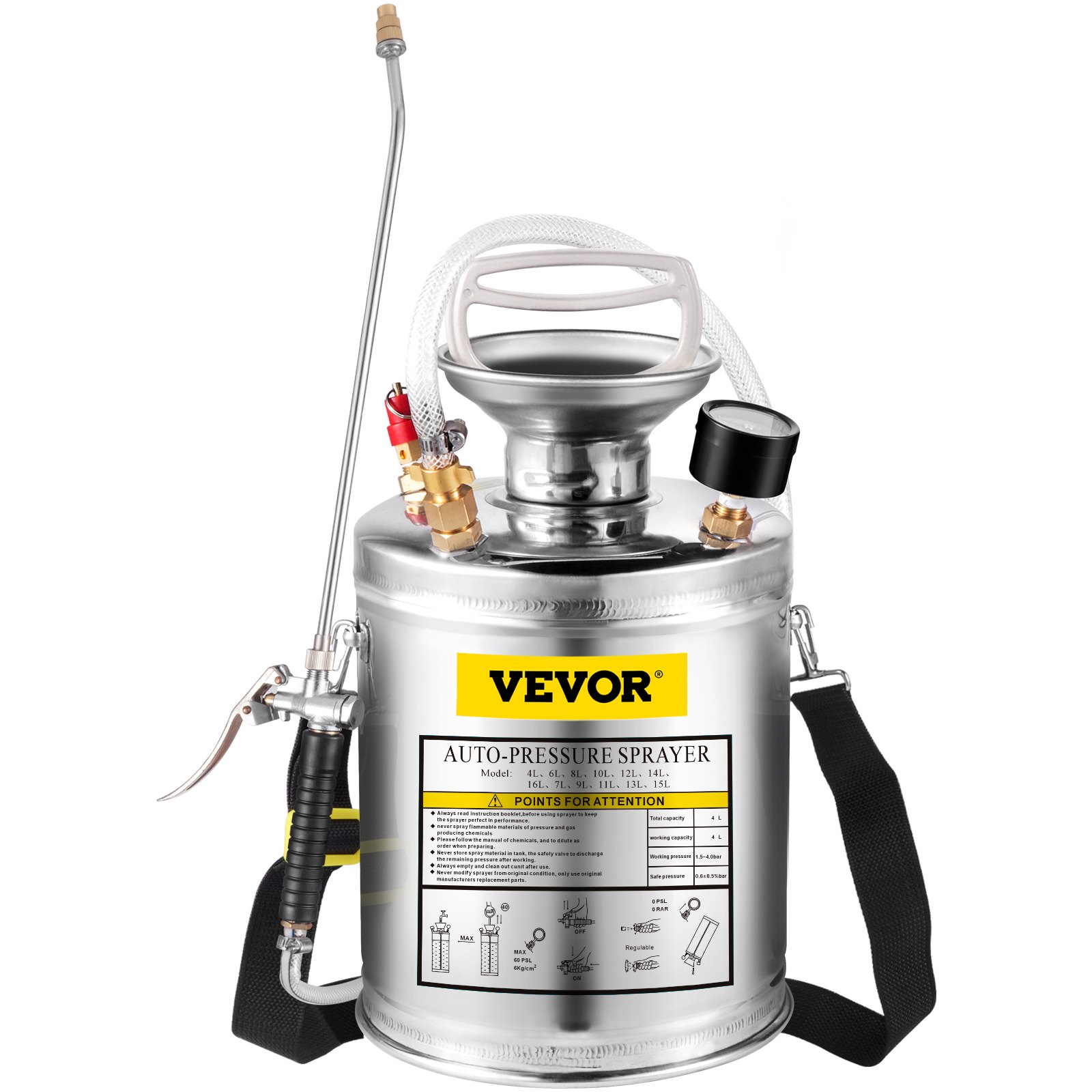 VEVOR Stainless Steel Sprayer 4L Household Gardening and Floor Cleaning Sprayer, Suitable for the Current Neds of Industry, Agriculture, Commerce, Medicine and Other Industries