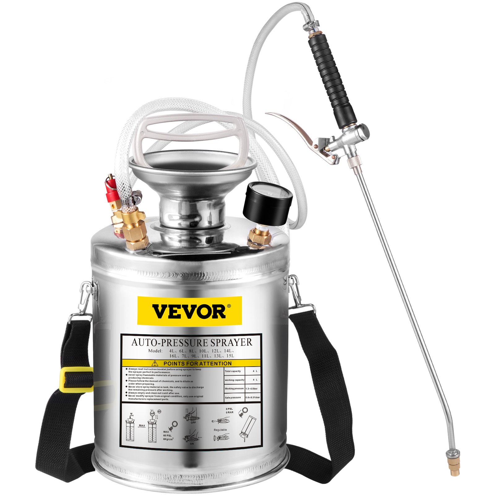 VEVOR Stainless Steel Sprayer 4L Household Gardening and Floor Cleaning Sprayer, Suitable for the Current Neds of Industry, Agriculture, Commerce, Medicine and Other Industries