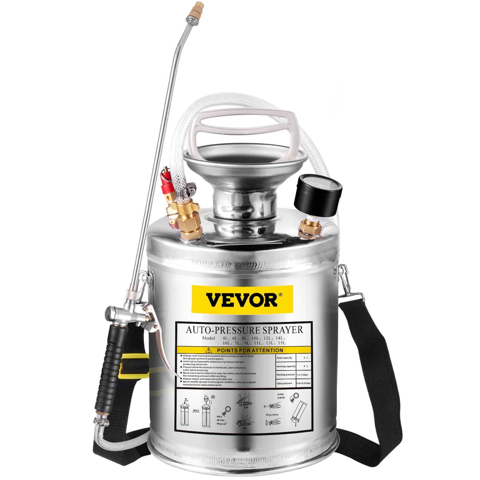 VEVOR Stainless Steel Sprayer 4L Household Gardening and Floor Cleaning Sprayer, Suitable for the Current Neds of Industry, Agriculture, Commerce, Medicine and Other Industries