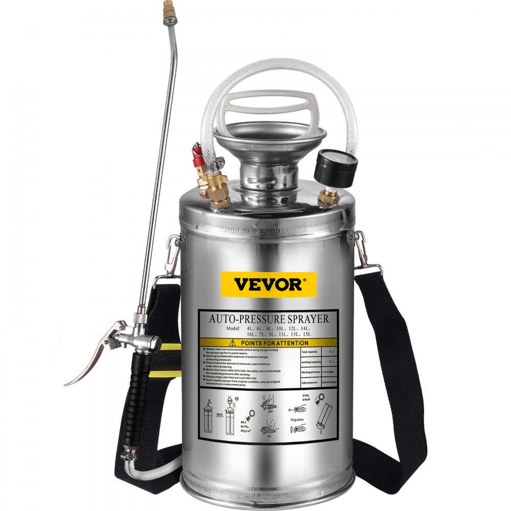 VEVOR Stainless Steel Sprayer 6L Household Gardening and Floor Cleaning Sprayer, Suitable for the Current Neds of Industry, Agriculture, Commerce, Medicine and Other Industries