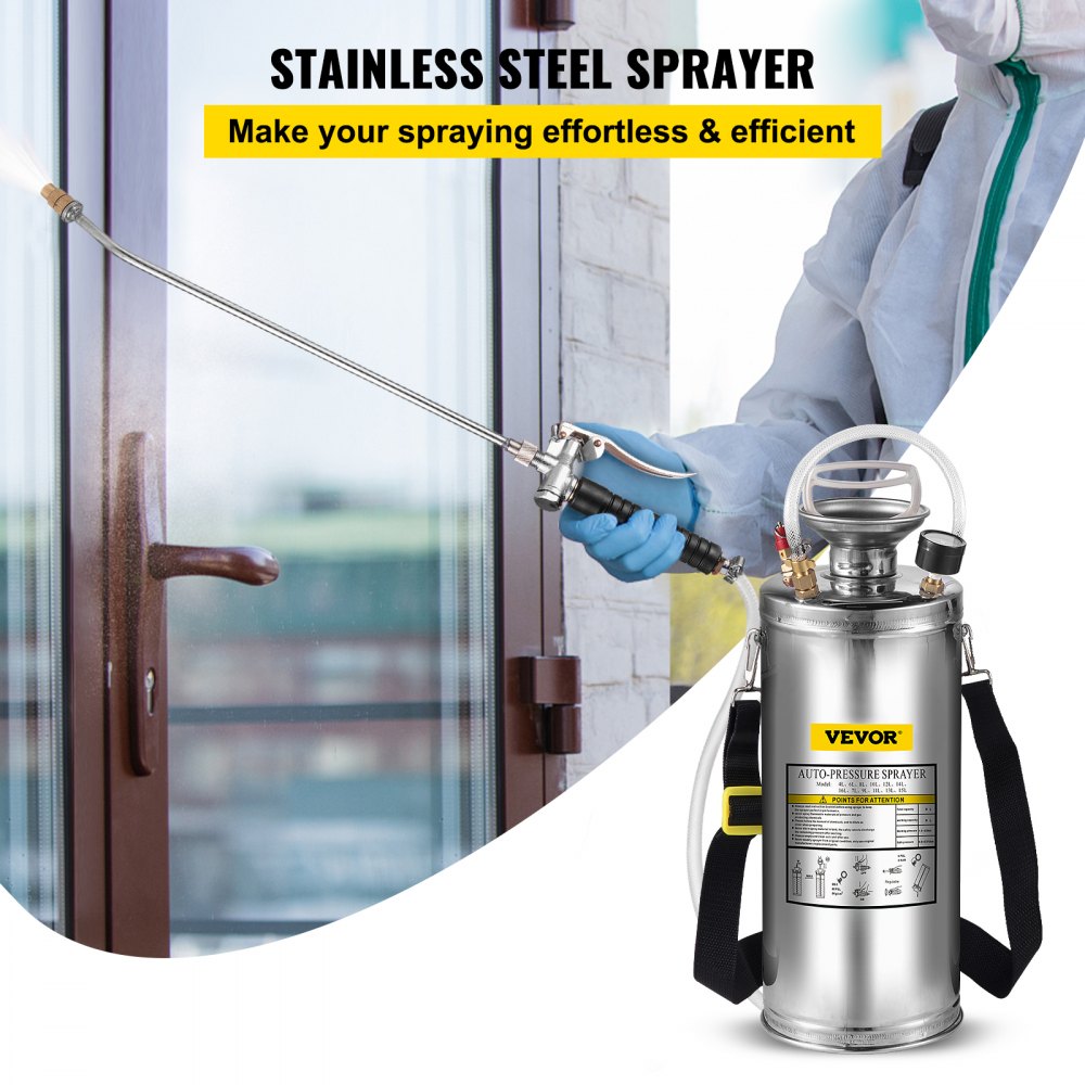 person using VEVOR stainless steel sprayer on glass door with spray action.
