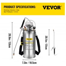 VEVOR 2Gal Stainless Steel Sprayer, Set with 20\" Wand& Handle& 3FT Reinforced Hose, Hand Pump Sprayer with Pressure Gauge&Safety Valve, Adjustable Nozzle Suitable for Gardening and Sanitizing