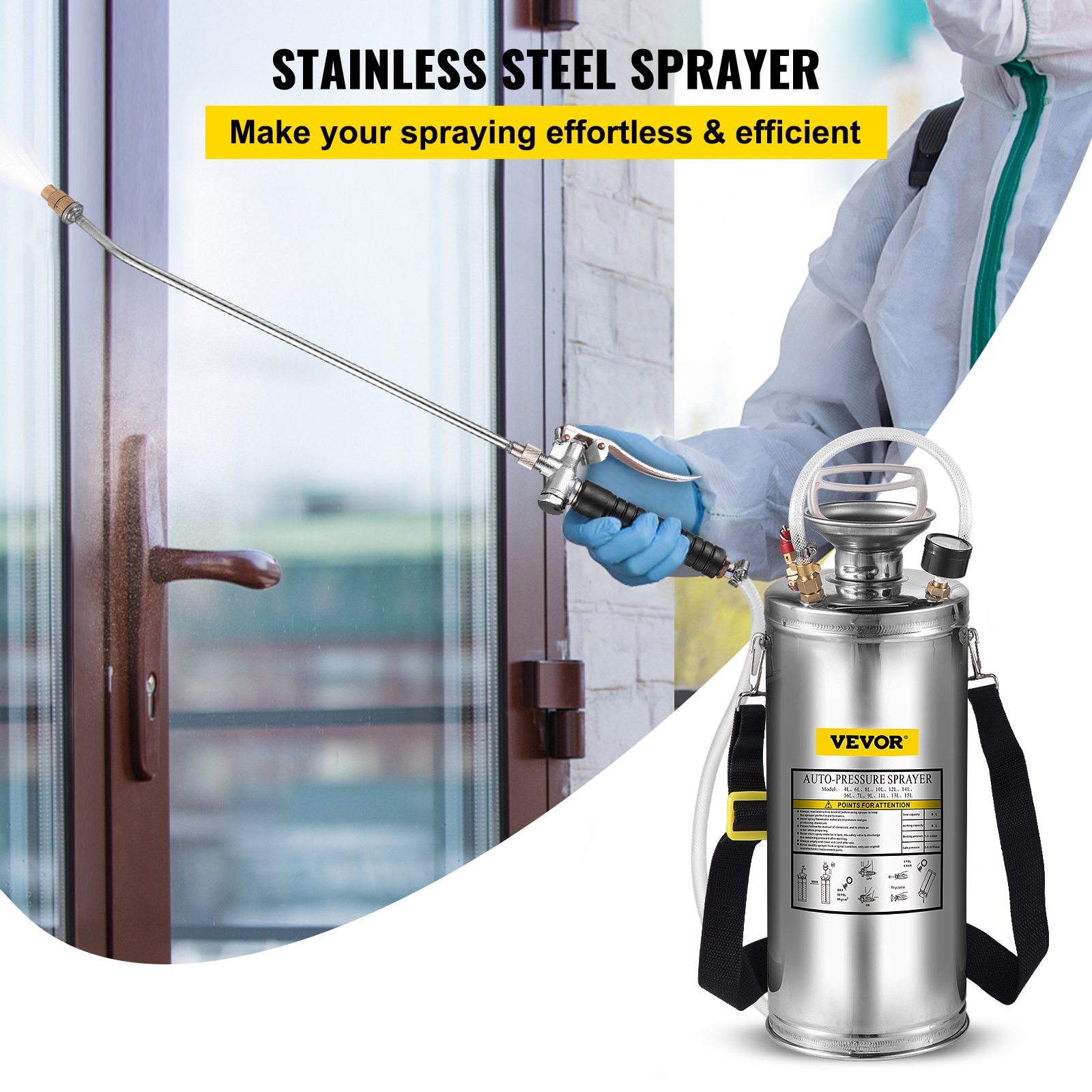 person using VEVOR stainless steel sprayer on glass door with spray action.