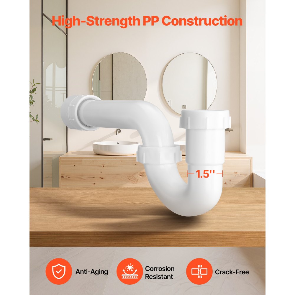 VEVOR P-Trap, 1-1/2 Inch P Trap Sink Drain Pipe Kit with Threaded Adapter and TPU Leak-Resistant Washers, PP Plastic Pipe Basin Waste Kit, Under Sink Plumbing for Kitchen Bathroom Sewer Drain, White