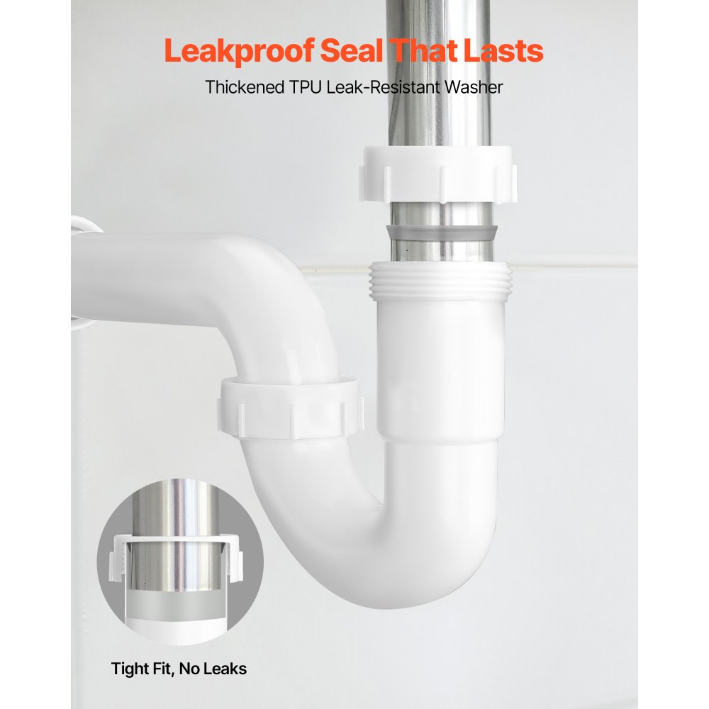 VEVOR P-Trap, 1-1/2 Inch P Trap Sink Drain Pipe Kit with Threaded Adapter and TPU Leak-Resistant Washers, PP Plastic Pipe Basin Waste Kit, Under Sink Plumbing for Kitchen Bathroom Sewer Drain, White