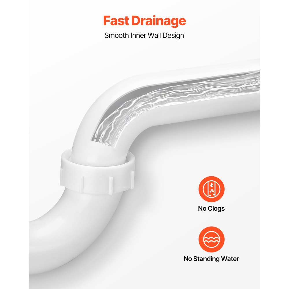 VEVOR P-Trap, 1-1/2 Inch P Trap Sink Drain Pipe Kit with Threaded Adapter and TPU Leak-Resistant Washers, PP Plastic Pipe Basin Waste Kit, Under Sink Plumbing for Kitchen Bathroom Sewer Drain, White