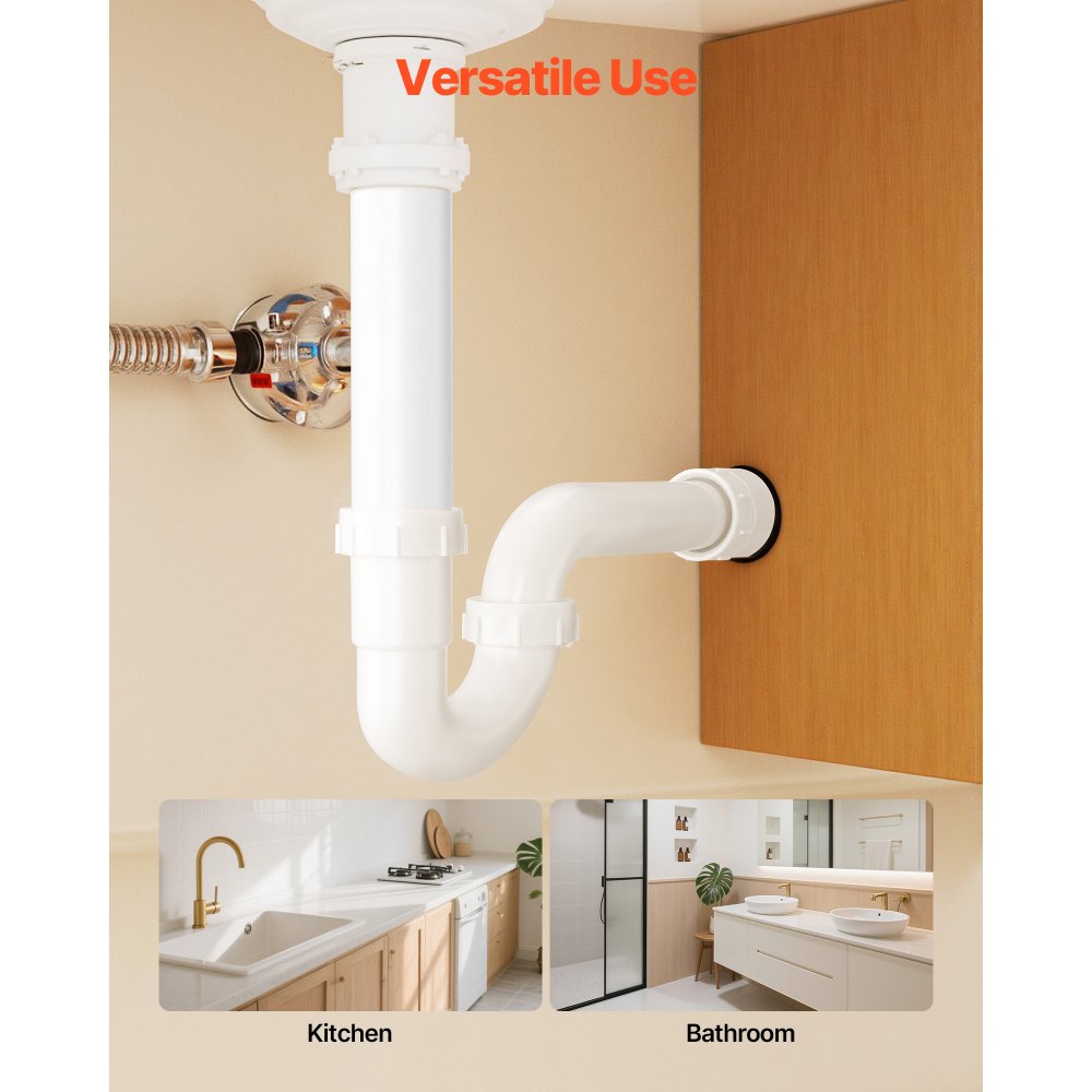 VEVOR P-Trap, 1-1/2 Inch P Trap Sink Drain Pipe Kit with Threaded Adapter and TPU Leak-Resistant Washers, PP Plastic Pipe Basin Waste Kit, Under Sink Plumbing for Kitchen Bathroom Sewer Drain, White