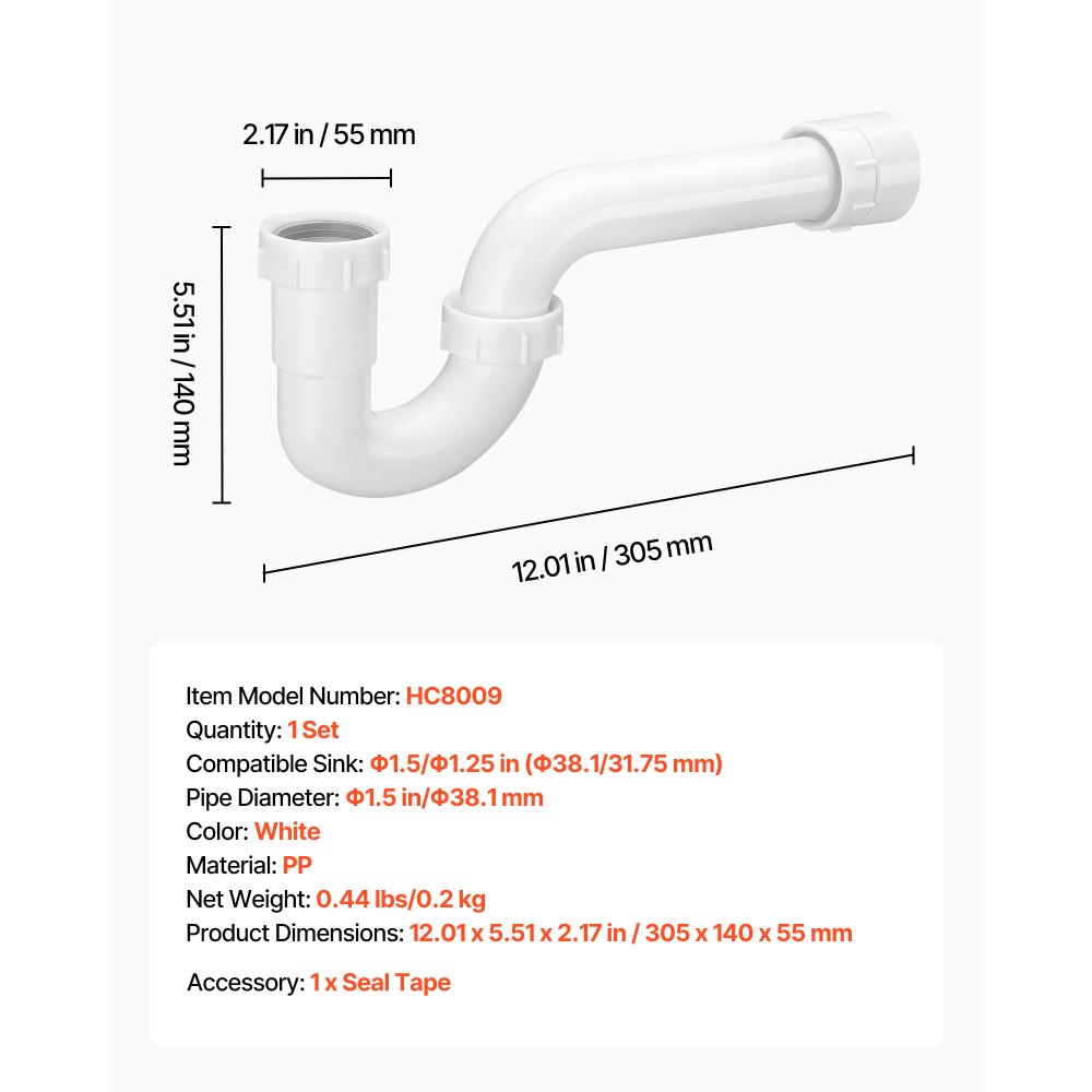 VEVOR P-Trap, 1-1/2 Inch P Trap Sink Drain Pipe Kit with Threaded Adapter and TPU Leak-Resistant Washers, PP Plastic Pipe Basin Waste Kit, Under Sink Plumbing for Kitchen Bathroom Sewer Drain, White