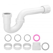 VEVOR P-Trap, 1-1/2 Inch P Trap Sink Drain Pipe Kit with Threaded Adapter and TPU Leak-Resistant Washers, PP Plastic Pipe Basin Waste Kit, Under Sink Plumbing for Kitchen Bathroom Sewer Drain, White