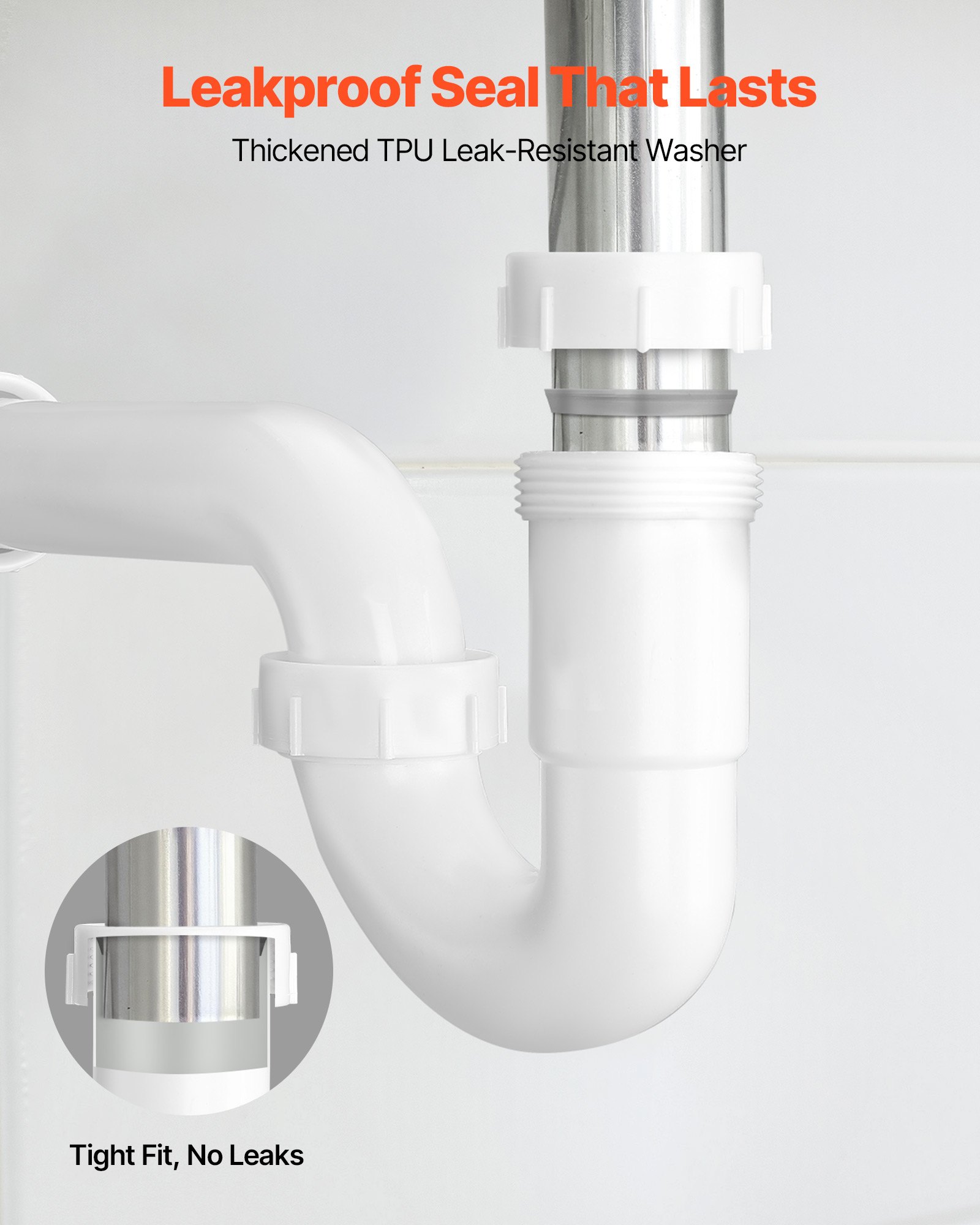VEVOR P-Trap, 1-1/2 Inch P Trap Sink Drain Pipe Kit with Threaded Adapter and TPU Leak-Resistant Washers, PP Plastic Pipe Basin Waste Kit, Under Sink Plumbing for Kitchen Bathroom Sewer Drain, White