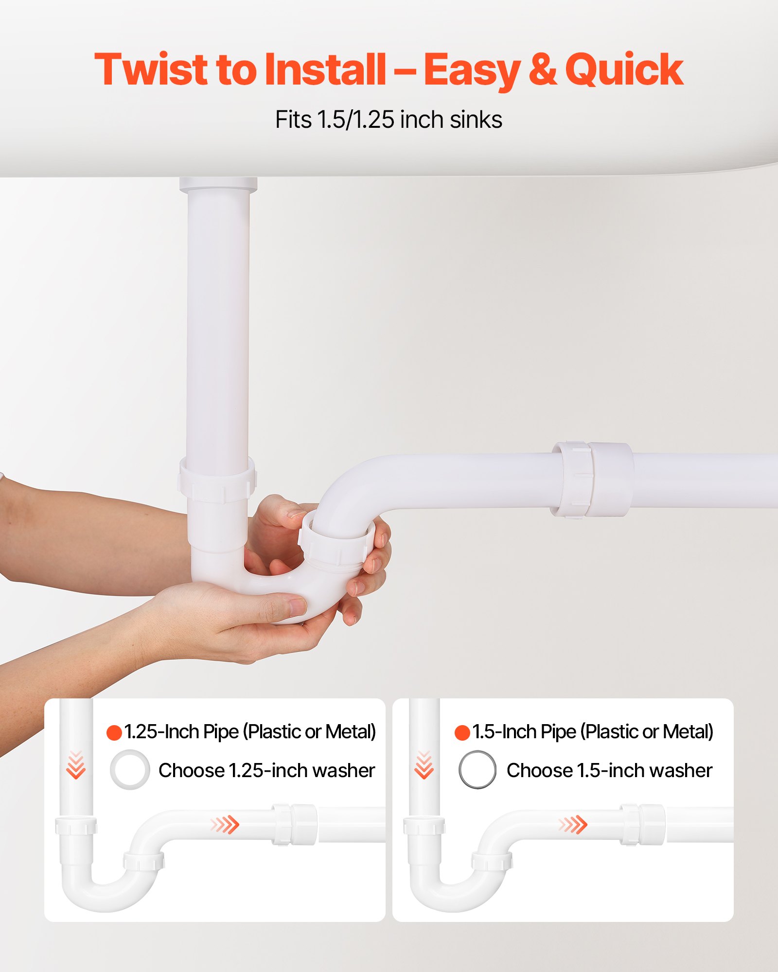 VEVOR P-Trap, 1-1/2 Inch P Trap Sink Drain Pipe Kit with Threaded Adapter and TPU Leak-Resistant Washers, PP Plastic Pipe Basin Waste Kit, Under Sink Plumbing for Kitchen Bathroom Sewer Drain, White