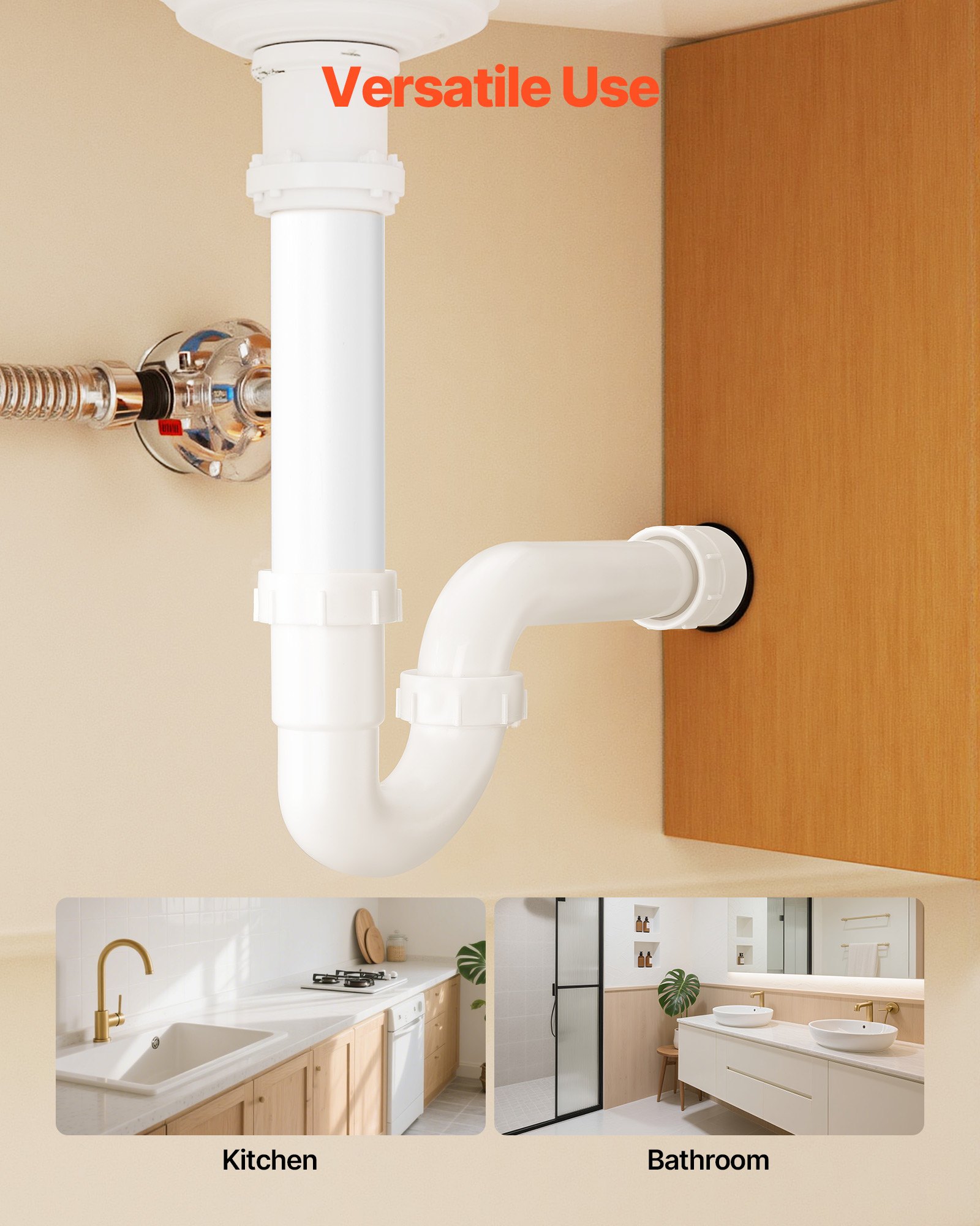 VEVOR P-Trap, 1-1/2 Inch P Trap Sink Drain Pipe Kit with Threaded Adapter and TPU Leak-Resistant Washers, PP Plastic Pipe Basin Waste Kit, Under Sink Plumbing for Kitchen Bathroom Sewer Drain, White