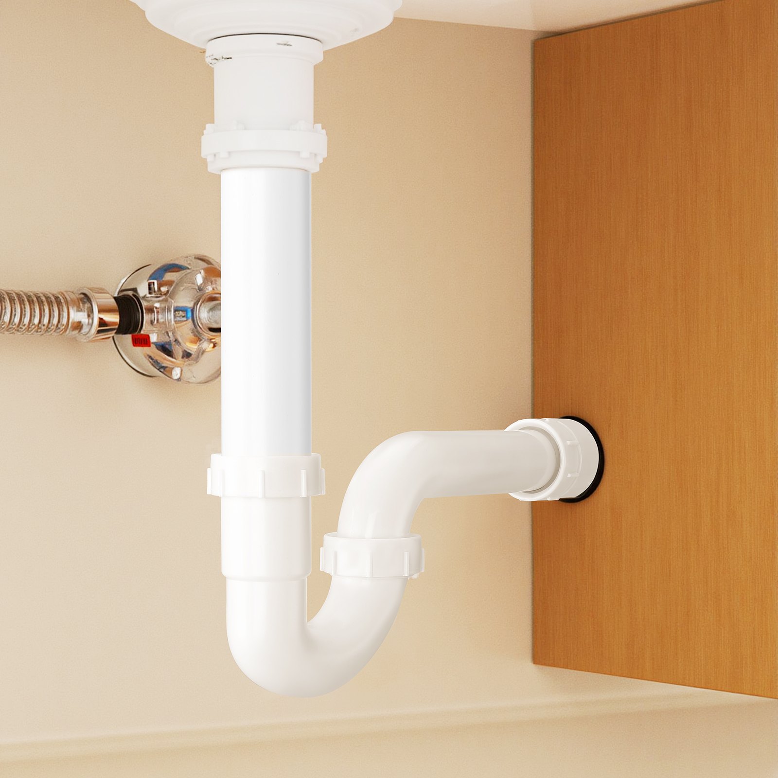 VEVOR P-Trap, 1-1/2 Inch P Trap Sink Drain Pipe Kit with Threaded Adapter and TPU Leak-Resistant Washers, PP Plastic Pipe Basin Waste Kit, Under Sink Plumbing for Kitchen Bathroom Sewer Drain, White