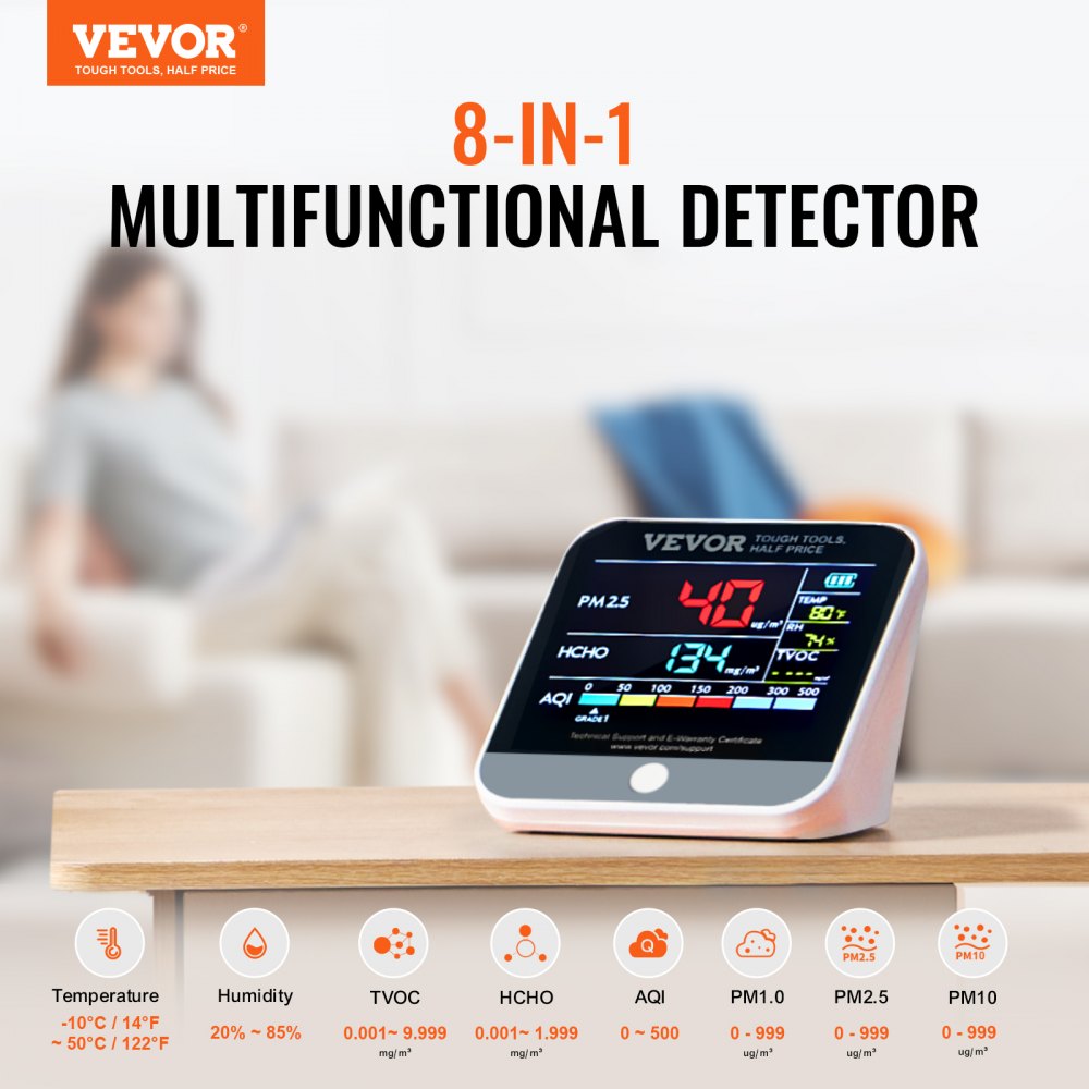 VEVOR 8-IN-1 Mini Air Quality Monitor Meter PM1.0/2.5/10 HCHO TVOC Tester