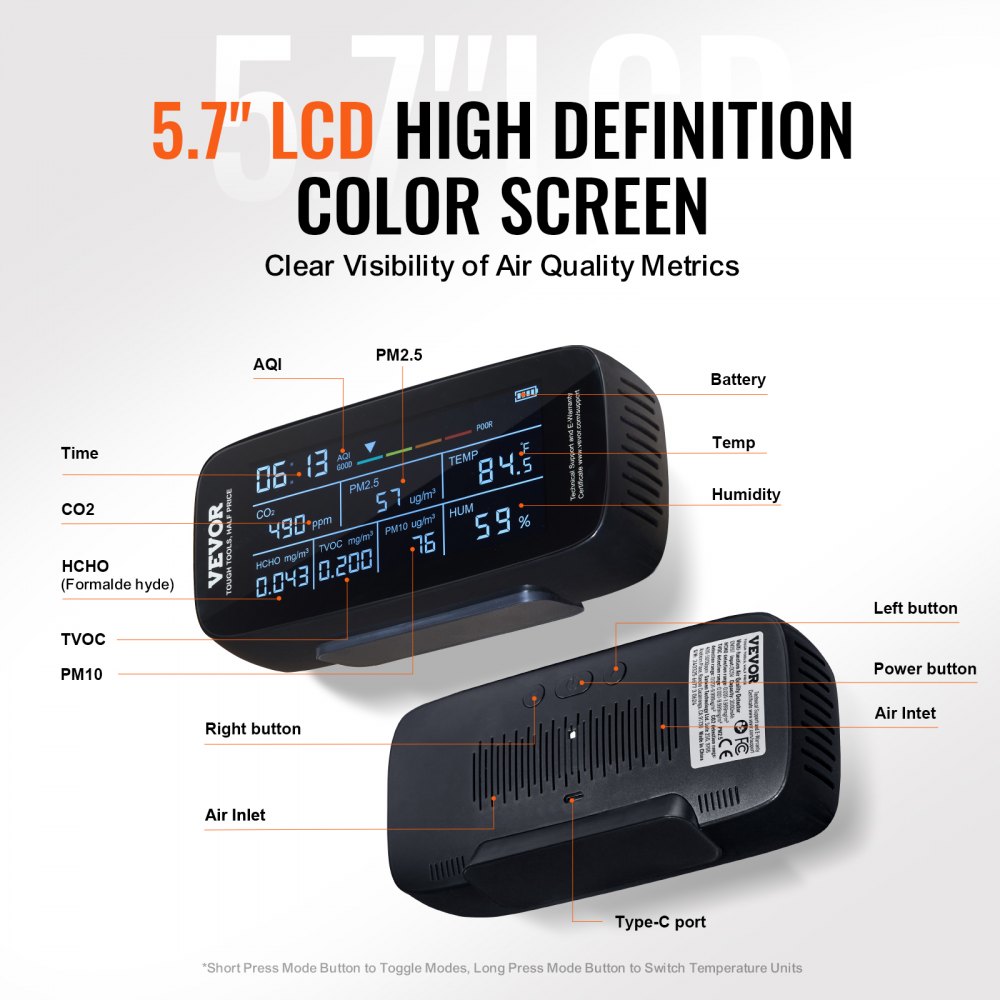VEVOR Air Quality Monitor 9-IN-1, CO2, Temperature, Humidity, Formaldehyde TVOC AQI Tester, Professional PM2.5 PM10 PM1.0 Particle Counter for Indoor/Outdoor, Air Quality Meter  w/Alarm Thresholds