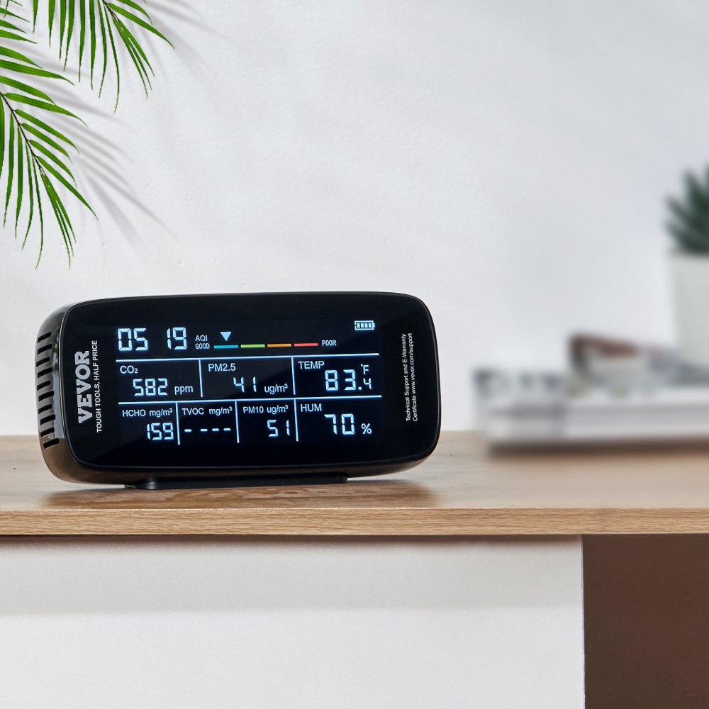 VEVOR Air Quality Monitor 9-IN-1, CO2, Temperature, Humidity, Formaldehyde TVOC AQI Tester, Professional PM2.5 PM10 PM1.0 Particle Counter for Indoor/Outdoor, Air Quality Meter  w/Alarm Thresholds