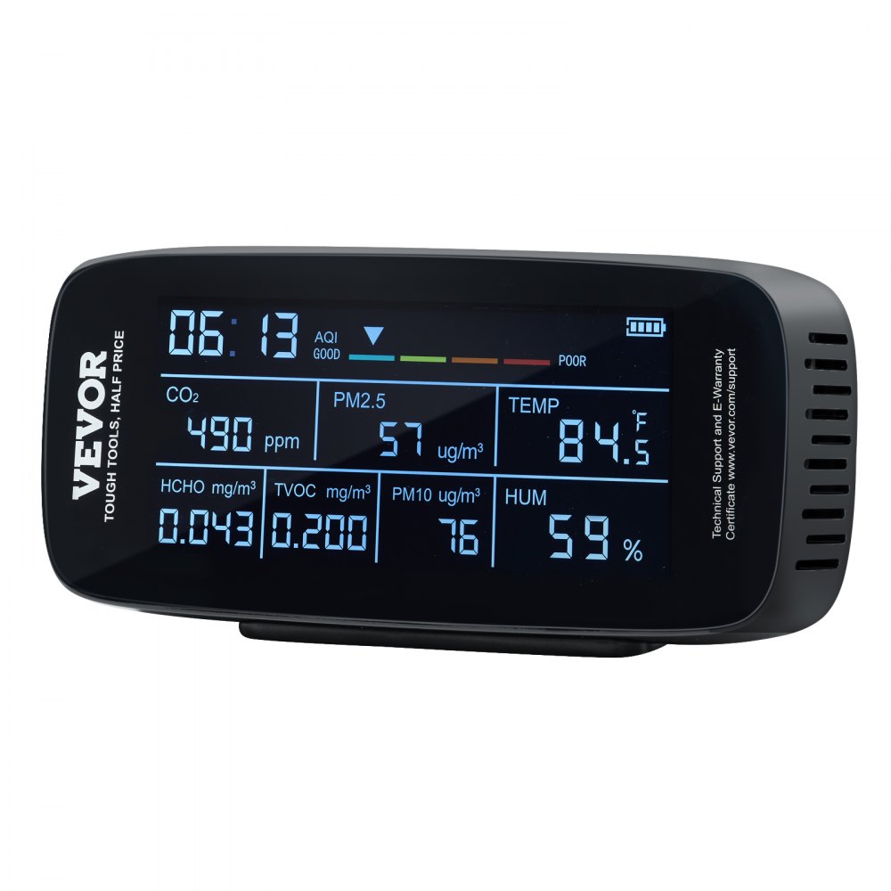 VEVOR Air Quality Monitor 9-IN-1, CO2, Temperature, Humidity, Formaldehyde TVOC AQI Tester, Professional PM2.5 PM10 PM1.0 Particle Counter for Indoor/Outdoor, Air Quality Meter  w/Alarm Thresholds