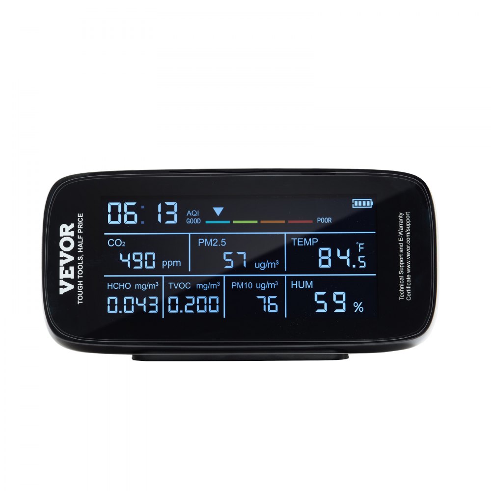 VEVOR Air Quality Monitor 9-IN-1, CO2, Temperature, Humidity, Formaldehyde TVOC AQI Tester, Professional PM2.5 PM10 PM1.0 Particle Counter for Indoor/Outdoor, Air Quality Meter  w/Alarm Thresholds