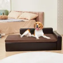 VEVOR Pet Sofa, Dog Couch for Large-Sized Dogs and Cats, Soft Leather Dog Sofa Bed, 110 lbs Loading Cat Sofa, Brown