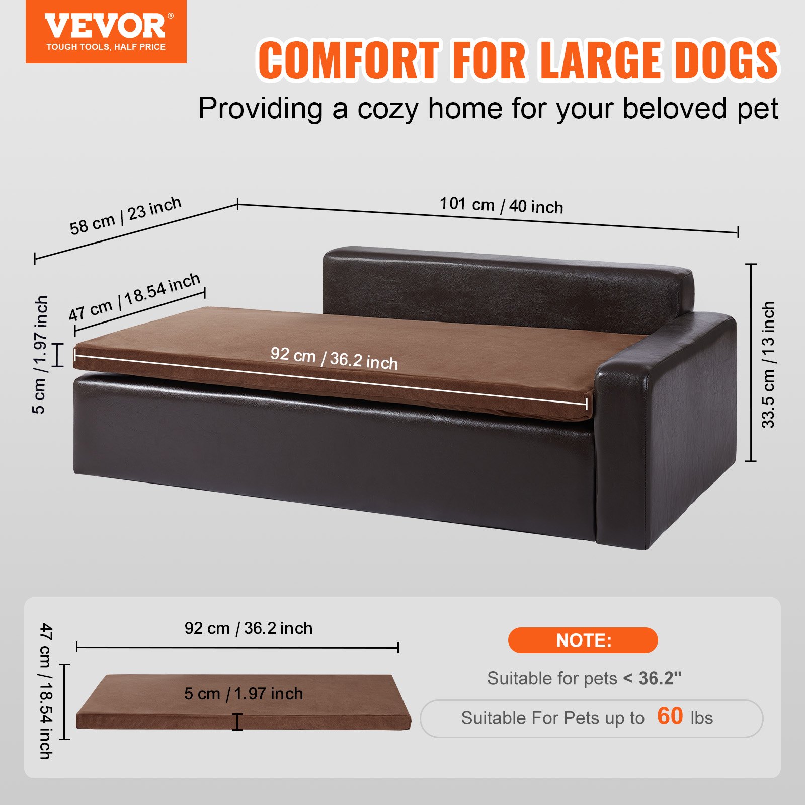 VEVOR Pet Sofa, Dog Couch for Large-Sized Dogs and Cats, Soft Leather Dog Sofa Bed, 50 kg Loading Cat Sofa, Brown