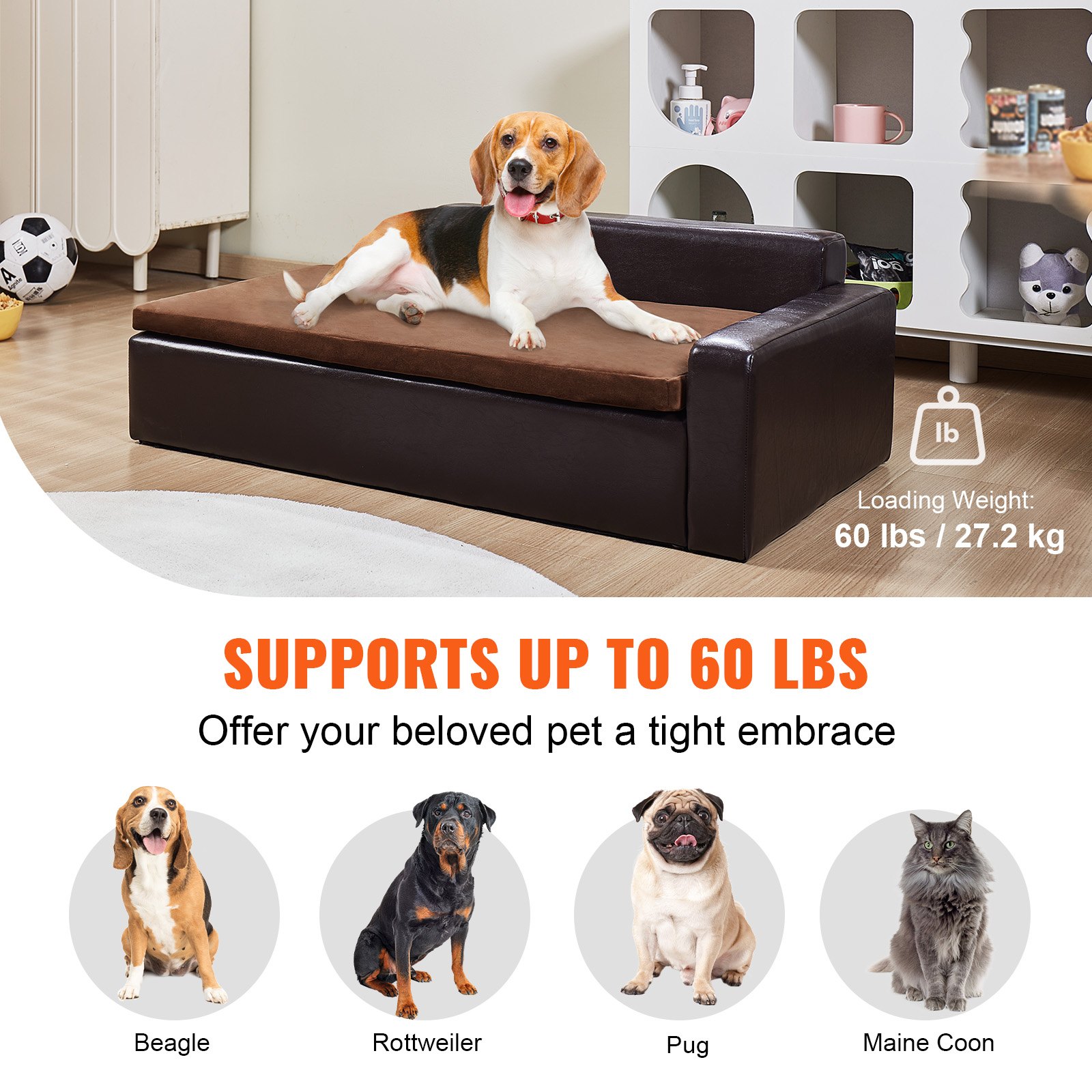 VEVOR Pet Sofa, Dog Couch for Large-Sized Dogs and Cats, Soft Leather Dog Sofa Bed, 110 lbs Loading Cat Sofa, Brown