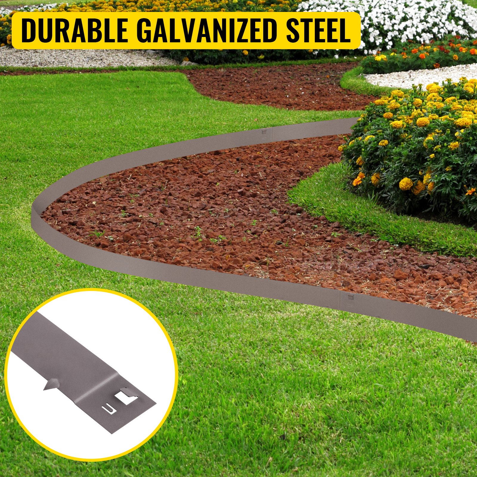 VEVOR steel lawn edging separating grass from mulch in a landscaped garden.